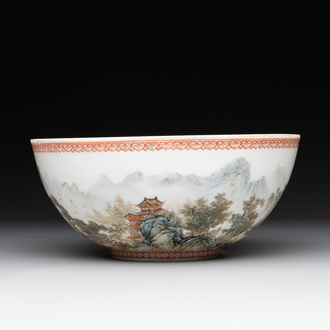 A Chinese famille rose eggshell 'landscape' bowl, signed Zou Guojun 鄒國鈞, Jing De Zhen Zhi 景德鎮制 mark, dated 1959