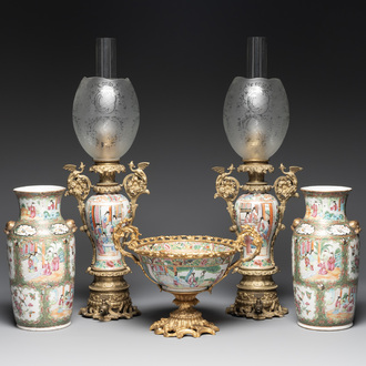Two Chinese Canton famille rose vases mounted as lamps, a pair of vases and a bronze-mounted bowl, 19th C.