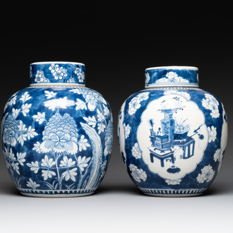 Two Chinese blue and white 'peonies' and 'peonies and antiquities' jars and covers, 19th C.