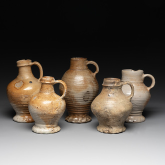Five German stoneware jugs, 16/17th C.