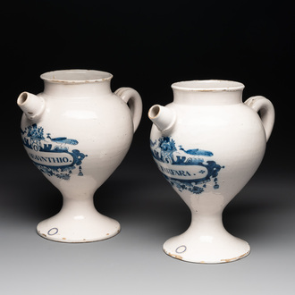 A pair of Dutch Delft blue and white wet drug or syrup jars inscribed 'DE ABSYNTHIO' and 'DE FARFARA', 18th C.