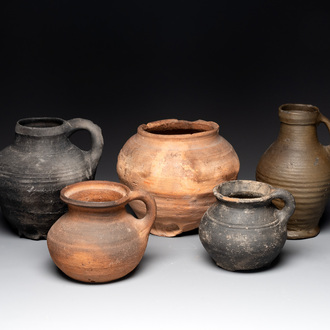 A collection of five German proto stoneware jugs and a vessel, 14th C.