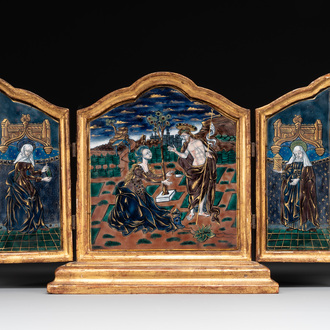 An unusual Limoges enamel tryptich depicting 'Noli Me Tangere', probably 19th C.