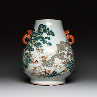 A large Chinese famille rose '100 deer' 'hu' vase, Qianlong mark, 19th C.
