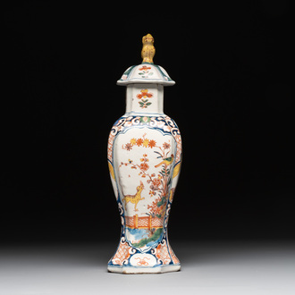 A polychrome Dutch Delft kakiemon-style vase and cover, 18th C.