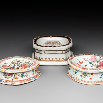 A rare Chinese crown-monogrammed salt and two fine famille rose salts, Qianlong