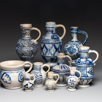 A varied collection of 10 Westerwald stoneware jugs, 17th C. and later