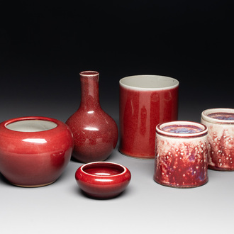 A collection of six Chinese copper-red-glazed and flambé-glazed wares, 19/20th C.