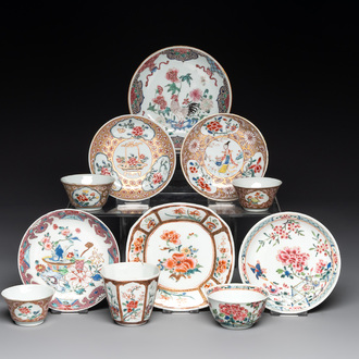 A varied collection of five Chinese famille rose cups and six saucers, Yongzheng/Qianlong