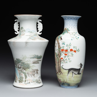 A Chinese famille rose vase, Qianlong and Shinian 世寧 mark, 20th C., and a qianjiang cai vase, signed Ren Huanzhang 任煥章, dated 1942