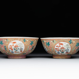 A pair of Chinese famille rose pink-ground 'antiquities' bowls, Zhengde mark, 19th C.