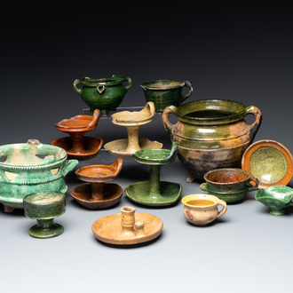 14 green, yellow and brown-glazed pottery wares, Western Europe, 16th C. and later