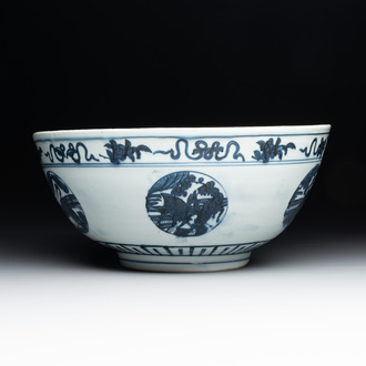 A Chinese blue and white 'crane, deer and hare' bowl, Fu Gui Chang Ming 富貴長命 mark, Jiajing