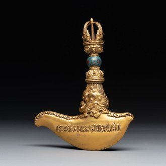 A Sino-Tibetan gilt copper and cloisonné vajra kartika with inscriptions, 19/20th C.