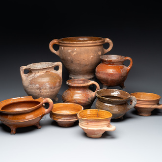 Nine pottery cooking vessels with partial glazing, Low Countries, 14/17th C.