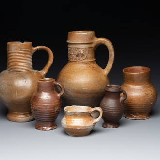 Six German stoneware jugs and mugs, 15/16th C.