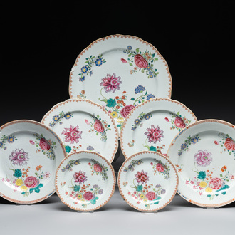 A collection of seven Chinese famille rose plates and dishes with floral design, Qianlong