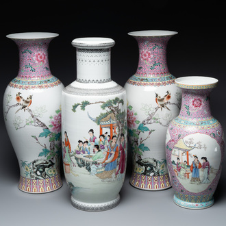 A pair of Chinese famille rose vases and two vases, Qianlong mark, 20th C.