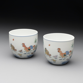 A pair of extremely rare imperial Chinese doucai 'chicken' cups, Chenghua mark, Yongzheng/Qianlong