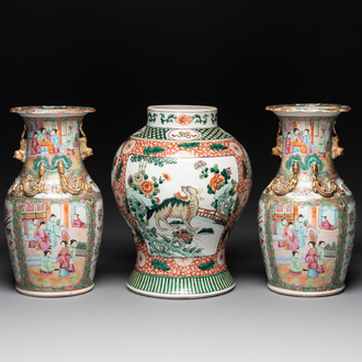 A Chinese famille verte 'mythical animal' vase and two Canton famille rose vases, 19th C.