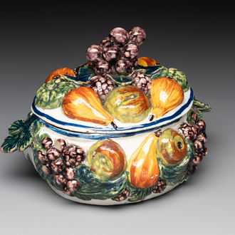 A polychrome Dutch Delft butter tub in the shape of various fruits, 18th C.