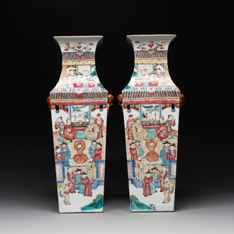 A pair of square Chinese famille rose vases with narrative design, 19th C.
