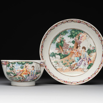 A Chinese famille rose 'Les Plaisirs du Printemps' cup and saucer, Qianlong