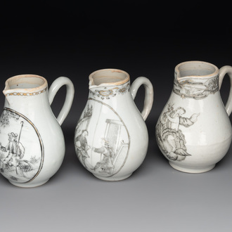 Three various Chinese gilt-decorated grisaille 'European subject' milk jugs, Qianlong