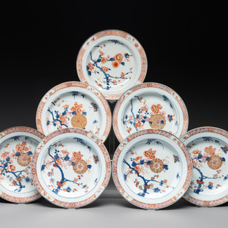 Seven Chinese Imari-style 'flowers and insects' plates, Kangxi/Yongzheng