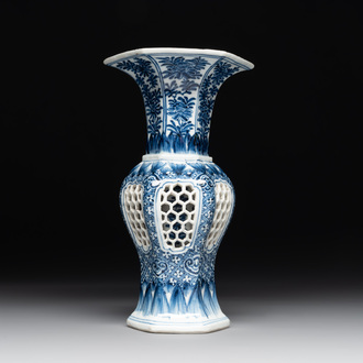 A Chinese blue and white reticulated double-walled vase, Kangxi