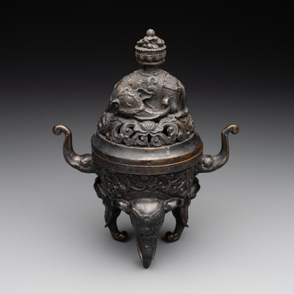 A Chinese bronze 'elephant' censer and cover, Qianlong mark, 18/19th C.