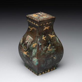 A rare Chinese archaic partially gilt bronze ritual wine vessel and cover, 'fang hu 方壺', Han
