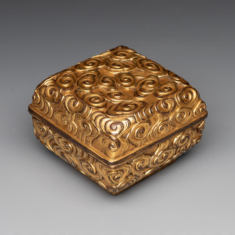 A Chinese square gilt bronze ink box and cover (印泥盒), Xuande mark and possibly of the period