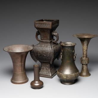 Five various Chinese archaistic bronze vases, Ming/Qing