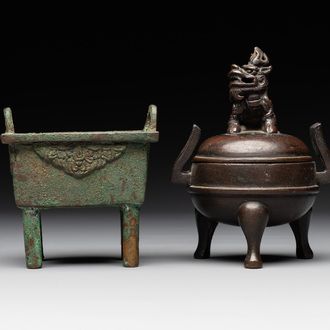 Two Chinese archaistic miniature bronze censers, one with cover, 'ding 鼎', Song