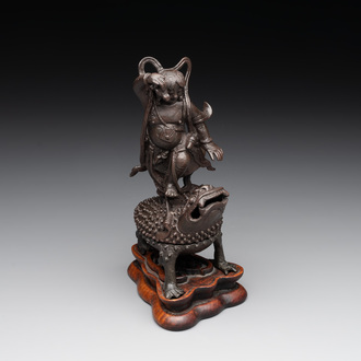 A rare Chinese bronze incense burner and cover in the shape of Liu Hai and a three legged toad, Ming