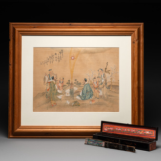 A Chinese Canton gilt-lacquered and painted paper fan and a framed relief painting, 19th C.