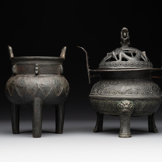 Two Chinese archaistic bronze censers, one with cover, 'ding 鼎', Song/Yuan