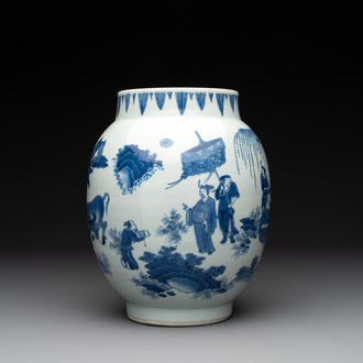 A Chinese blue and white vase with narrative design, Transitional period
