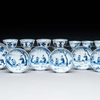 Seven Chinese blue and white cups and six saucers, Kangxi/Yongzheng