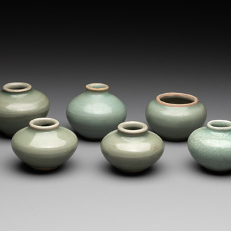 Six Chinese Longquan celadon jarlets, Yuan/Ming