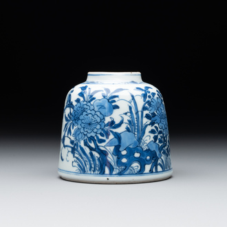 A Chinese blue and white bell-shaped water pot with birds among flowering branches, Kangxi