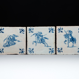 Three blue and white Dutch Delft 'horserider' tiles, 17th C.