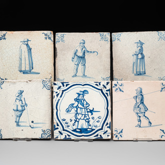 Six blue and white Dutch Delft tiles with large figures, 17th C.