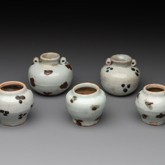 Five Chinese russet-splashed Longquan celadon jarlets, Song/Yuan
