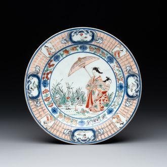 A Japanese Imari 'Parasol Ladies' plate after Cornelis Pronk, Edo, 18th C.
