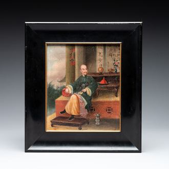 Canton school, workshop of Lamqua: 'Portrait of a Pipe Smoker', oil on canvas, 19th C.