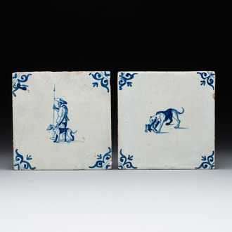 Two blue and white Dutch Delft 'shepherd and dog' and 'dog with puppy' tiles, 17th C.