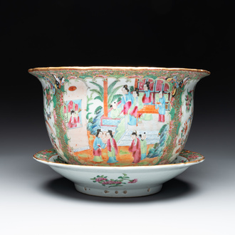A Chinese Canton famille rose jardinière and stand with court scenes, 19th C.