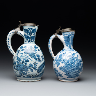 Two Dutch Delft blue and white jugs with pewter lids, 17/18th C.